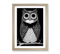 Owl In Monochrome Framed Wall Art Print A2 Oak