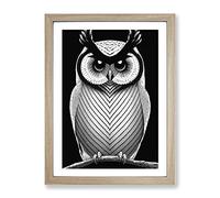 Owl In Monochrome No.3 Framed Print | A2 Oak Framed Wall Art | Ready to Hang | Modern Animal Picture | Living Room Bedroom Lounge Office