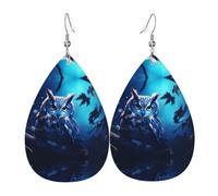 Owl in the Moonlight Pattern leather earrings | Water drop-shaped printed earrings, suitable for daily/party/dating scenes
