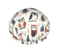 Owl In The Woods Print Shower Caps for Women, Reusable Double Layers Elastic Band Long Hair Bath Caps for Shower