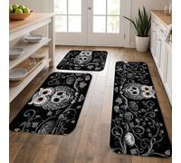 Owl Kitchen Mats for Floor, Black White Artistic Skull Mats, Cushioned Comfort Washable Non Slip Decor Rugs for Kitchen Sinks Laundry Room Bathroom 3Pcs