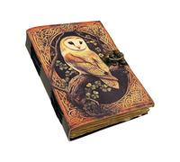 Owl Leather Grimoire Journal with Lock, Vintage Celtic Knot Notebook, Handmade Deckle Edge Paper Diary, Antique Travel Writing Journal, Blank Spell Book Gift for Women Men 7x5 Inch 200 Pages