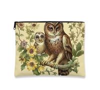 Owl Makeup Bag, Vintage Floral Cosmetic Travel Pouch for Women, Portable Small Canvas Zipper Organizer, Nature Gift Toiletry Bag, Beige, 7x9 Inch, Owl