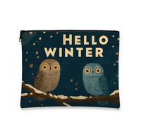 Owl Makeup Bag, Winter Woodland Cute Cosmetic Travel Pouch for Women, Portable Small Canvas Zipper Organizer, Holiday Skincare Toiletry Bag, Blue, 7x9 Inch, Owl