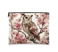 Owl Makeup Pouch, Blooming Flowers Illustrated Cosmetic Travel Bag for Women, Compact Canvas Zipper Organizer, Spring Gift Toiletry Clutch, Peach, 7x9 Inch, Owl