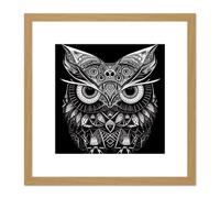 Owl Modern Doodle Tribal Pattern Illustration Black & White Square Wooden Framed Wall Art Print Picture 8X8 Inch Artery8 Light Oak One Size