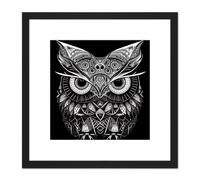 Owl Modern Doodle Tribal Pattern Illustration Black & White Square Wooden Framed Wall Art Print Picture 8X8 Inch Artery8 Black One Size