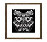 Owl Modern Doodle Tribal Pattern Illustration Black & White Square Wooden Framed Wall Art Print Picture 8X8 Inch Artery8 Brown One Size