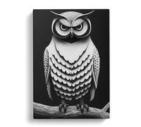 Owl Monochrome Art No.4 Canvas Print | Gallery Wrapped 30mm Frame Wall Art | 30x20 inches | Ready to Hang | Modern Animals Picture | Living Room Bedroom Lounge Office