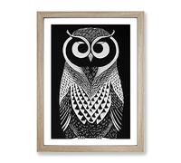 Owl Monochrome Framed Wall Art Print A2 Oak