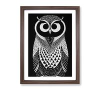 Owl Monochrome Framed Wall Art Print A2 Walnut