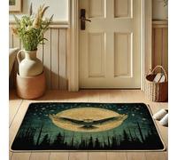 Owl Moon Doormat, Green Rustic Owl Door Mat for Outdoor & Indoor Entrance Autumn Decor, Rubber Waterproof Non-Slip Dust Absorbent Front Doormat, Easy Clean 29x17 Inch