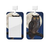 Owl Moon Night Id Badge Holder with Lanyard-Vertical Card Protector Clear Abs Hard Shell, Retractable Reel for Work Office