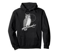 Owl Moon Perched Bird Lover Vintage Etched Line Art Graphic Pullover Hoodie