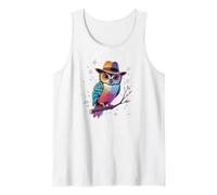 Owl Multicolored with A Fedora Sitting on Tree Limb Fun Tank Top