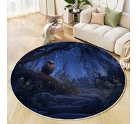 Owl Night Forest Round Rugs 120cm, Washable Indoor Non-slip Round Area Rugs for Bedroom Throw Soft Mysterious Forest Scene Carpet for Entryway Sofa Living Room Dining Room Floor Rug, Dark Blue