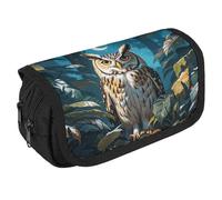 Owl Nocturnal Exotic Pencil Case Organizer Large Capacity Cute Pen Pouch with 3 Compartment Office Stationery Large Pencil Bags with Zipper Fabric Pen Bag for Adults Portable Makeup Bag (Black)