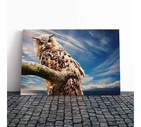 Owl on a Tree Branch Canvas Print | Gallery Wrapped 30mm Frame Wall Art | 20x14 inches | Ready to Hang | Modern Animals Picture | Living Room Bedroom Lounge Office