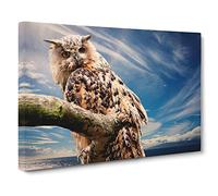 Owl on a Tree Branch Canvas Print | Gallery Wrapped 30mm Frame Wall Art | 30x20 inches | Ready to Hang | Modern Animals Picture | Living Room Bedroom Lounge Office