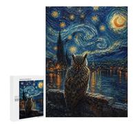 Owl on A Wall Under Starry Night Wooden Jigsaw Puzzle for Adults, 500 PCS - Year-End Present, for Screen-Free Relaxation at Home