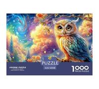 Owl on Branch, Swirling Sky And Bright Blooms 1000-Piece Jigsaw Puzzle Dreamy Owl Classic Jigsaw Puzzles for All Ages 52x38cm/1000pcs