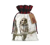 (Owl On The Tree Branch) Christmas Drawstring Gift Bags, Reusable Buffalo Plaid Drawstring Wrapping Bags For Xmas Party Supplies S