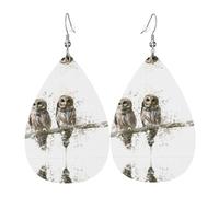 Owl on The Tree Branch Printed Teardrop Pendant Leather Earrings | Lightweight and Versatile Earrings | Suitable for Daily Commute and Date Wear