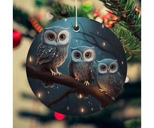 Owl on Tree Christmas Ceramic Ornaments with Gold String - 2.8 Inch Round Double-Sided Porcelain Xmas Tree Decor for Fireplace Mantel, Farmhouse Winter Holiday Hanging Ornaments