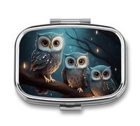 Owl on Tree Pill Box 2 Compartment Small Pill Case for Purse Or Pocket Mini Metal Pillcase Medicine Organizer, Square Daily Medicine Container to Hold Vitamins, Fish Oil