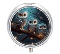 Owl on Tree Pill Box Medicine Pill Organizer 3 Compartment Daily Pill Case Small Pill Container Round Pill Holder Travel Pill Box Metal Pill Case for Purse Pocket