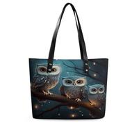 Owl on Tree Tote Bag Large Soft Leather Purse with Zipper Lightweight Ladies Shoulder Handbag