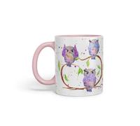 Owl Owls See Hear Speak no Evil Bird Animals Watercolour Art Coloured Mug Cup Gift Birthday Work Office Tea Coffee (Pink)