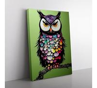 Owl Paint Splash No.4 Abstract Green, Black, Green Canvas Wall Art Print Ready to Hang, Framed Picture for Living Room Bedroom Home Office Décor, 76x50 cm (30x20 Inch)