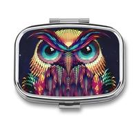 Owl Pattern Pill Box 2 Compartment, Portable Pill Case with Mirror for Pocket Purse Travel, Mini Metal Medicine Organizer for Vitamins Fish Oil
