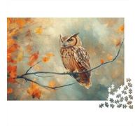 Owl Perched on Branch with Autumn Leaves 1000-Piece Jigsaw Puzzle for Adults, 52x38cm/1000pcs; for Calm Concentration at Home; Clean White Cardboard for Sorting
