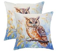 Owl Pillow Covers Set of 2, Watercolor Orange Owl Decorative Square Cushion Cases, Autumn Farmhouse Throw Pillow Covers for Living Room Sofa Bed Couch 16x16 Inch