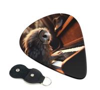Owl Plays Piano Guitar Picks 6 Pack with Leather Guitar Pick Holder Keychain, Plectrum Key Fob Cases Bag, Abstract Art Plectrum for Acoustic Electric Guitar, Ukulele 0.96mm