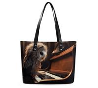Owl Plays Piano Leather Tote Bag for Women Work Shoulder Purses with Zipper Waterproof Large Computer Shoulder Bag Fashion Ladies Shoulder Handbag Reusable Shopping Bags