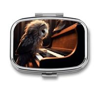 Owl Plays Piano Pill Box Elegant Metal Pill Case with 2 Compartments, Slim Portable Medicine Organizer for Purse, Pocket, Travel