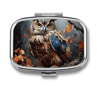 Owl Print Pill Box - 2 Compartment Travel Pill Organizer with Small Mirror, Portable Pillcase for Pocket & Purse, Cute Square Medicine Case, Weekly Medicine Container