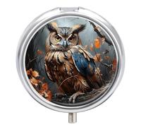 Owl Print Pill Box - 3 Compartment Travel Pill Organizer with Small Mirror, Portable Pillcase for Pocket & Purse, Cute Round Medicine Case, Weekly Medicine Container
