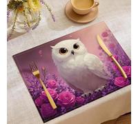Owl Rose Placemats Set Of 6, Non-Slip Washable Realistic Animals Place mats for Dining Table, Indoor Outdoor White Placemat, for Party Kitchen Restaurant Decoration 45x30cm