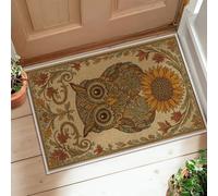 Owl Runner Rug, Autumn Rustic Sunflower Leaves Fall Brown Low Pile Edge Binding Doormat Throw Rug Rectangle for Kitchen Entryway Bathroom Doorway Decor 2x3 Ft