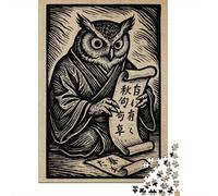 Owl Sage Reading Scroll Woodcut Print 1000 Piece Jigsaw Puzzle, 70x50cm/1000pcs, for Adults, Relaxing Screen-Free Hobby, Evening Leisure And Time at Home