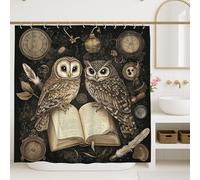 Owl Shower Curtain, Vintage Black and Brown Bird Bathroom Decor, Fall Winter Rustic Antique Fabric Shower Curtain with Hooks 72x72 Inch