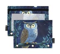 Owl Sitting on The Branch at Night Binder Zipper with Clear Window Pencil case with Zipper Clear Window & Grommets 3 Ringing Binder for Office School Supplies Cosmetics Multicolored 2 PCS