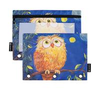 Owl Sitting on The Branch School Binder with Clear Window Zippered Pencil Bag Big Capacity 3 Ringing Binder for School, Office & Home Multicolored 2 PCS