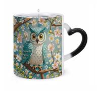 Owl Spring Flowers Turquoise Color Changing Mug Heat Changing Coffee Mugs Funny Magic Cup Heat Sensitive Travel Mug Novelty Coffee Cups Personalized Customized Gift Idea for Men & Women 11 Oz