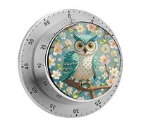 Owl Spring Flowers Turquoise Kitchen Timer 60 Minute Visual Wind Up Timers Indoor Mechanical Timers with Magnetic Base Stainless Steel Timer for Home Cooking Time Management Tool