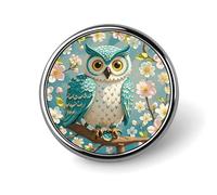 Owl Spring Flowers Turquoise Lapel Pin Cute Metal Brooch Pin Fashionable Round Badge for Shirts, Hats, Jackets Unique Fashion Accessories Gift for Men & Women